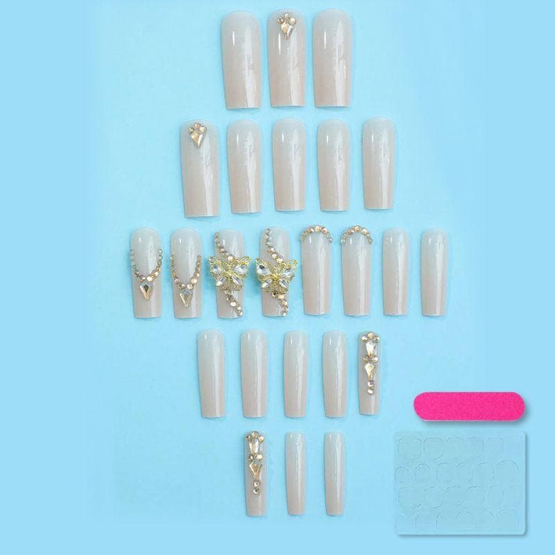 24pcs Luxury Extra Long Rectangular Fake Nails, Decorated With 3D Golden Butterfly & Rhinestone, Full Coverage, For Women Girls Nail Supplies