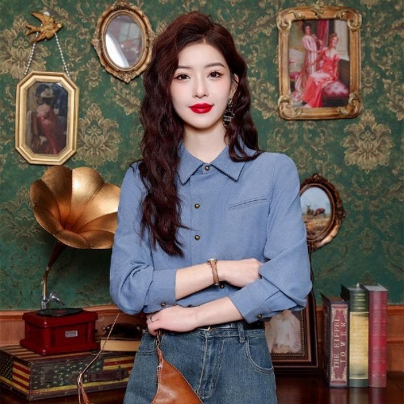 Furted Shirt for Women In Autumn New Age-reducing Long-sleeved Tops for Women's Polo Collar Shirt 2XL blue