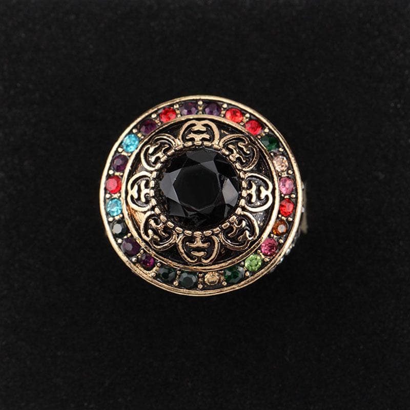 Blucome Royal Style Colorful Crystal Turkish Wide Ring Turkey Flower Round Resin Party Jewelry Vintage Women Lady Finger Ring 9 black