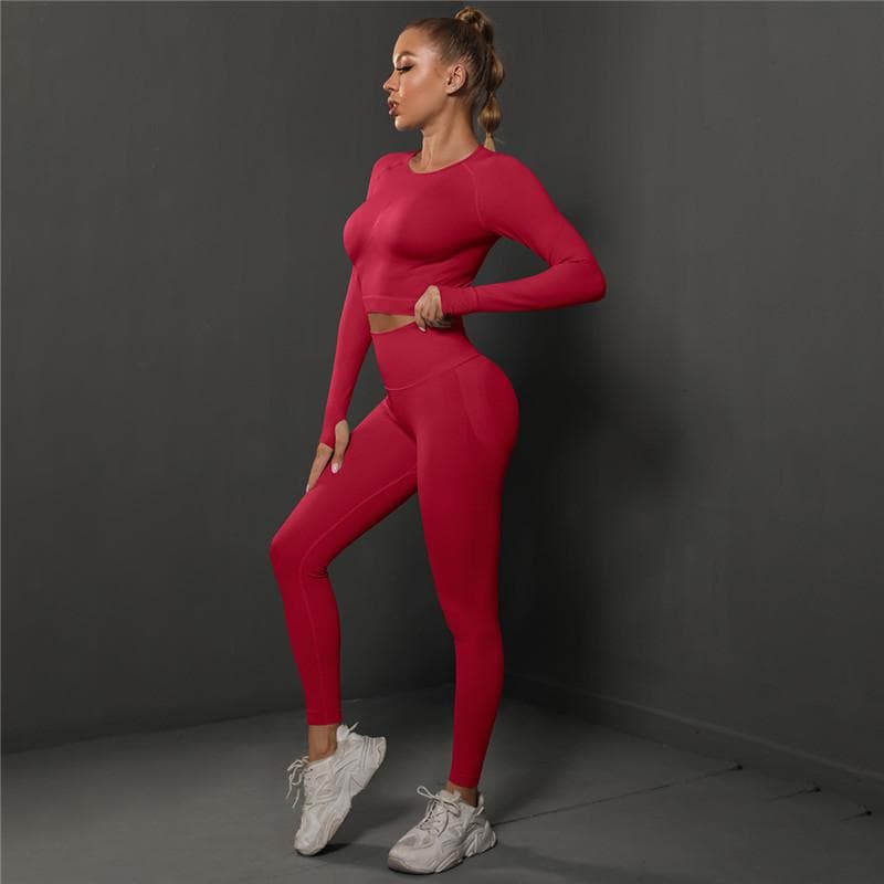 Nessaj Seamless Fitness Suit Women Yoga Set High Waist Gym Tracksuit Scrunch Butt Leggings Sportswear S red