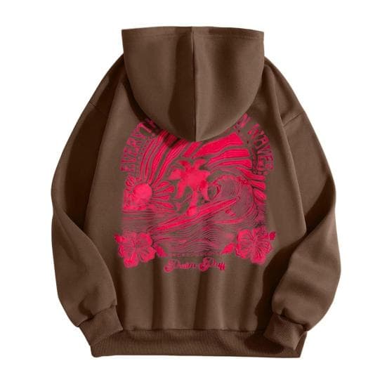 Teenager Hoodie Preppy Style Floral Printing Solid Color Hooded Top with Big S coffee