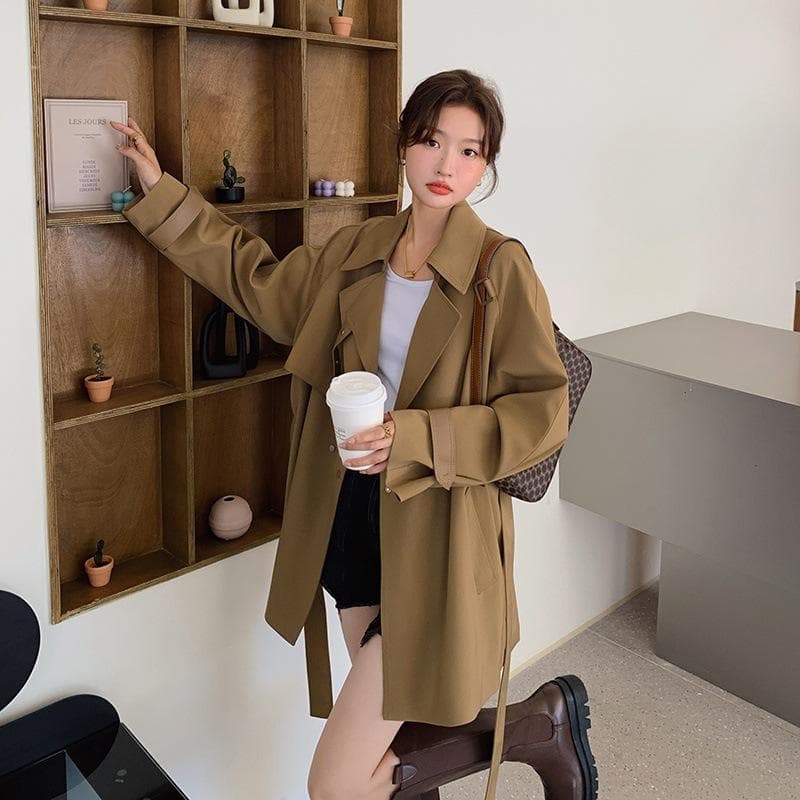 Khaki Short Windbreaker Coat for Women Spring and Autumn New Korean Style Casual Loose Small British Style Coat XL
