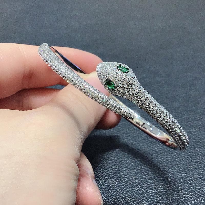S925 Sterling Silver Snake Cuff Bangle Cute Style Green Eyes Semi Circle CZ Zircon Brand Bangle for Women Jewelry with Badges