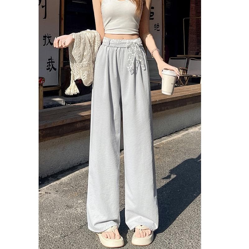 Lace Belt Wide-leg Pants for Women In Summer Ice Silk Cotton Linen High Waist Slimming Casual Lazy Straight-leg Pants 2XL
