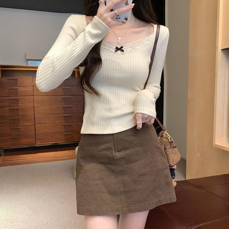 Lace-edged V-neck Base Shirt for Women In Spring, Slim Bow Long-sleeved T-shirt for Women 2XL