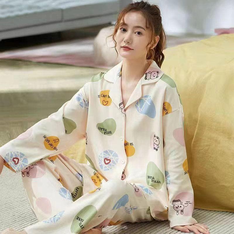 New Women's Pajamas Autumn Long Sleeve Loose Large Size Home Clothes Set Cute Cartoon Home Clothes Cardigan Spring Pajamas Set 2XL
