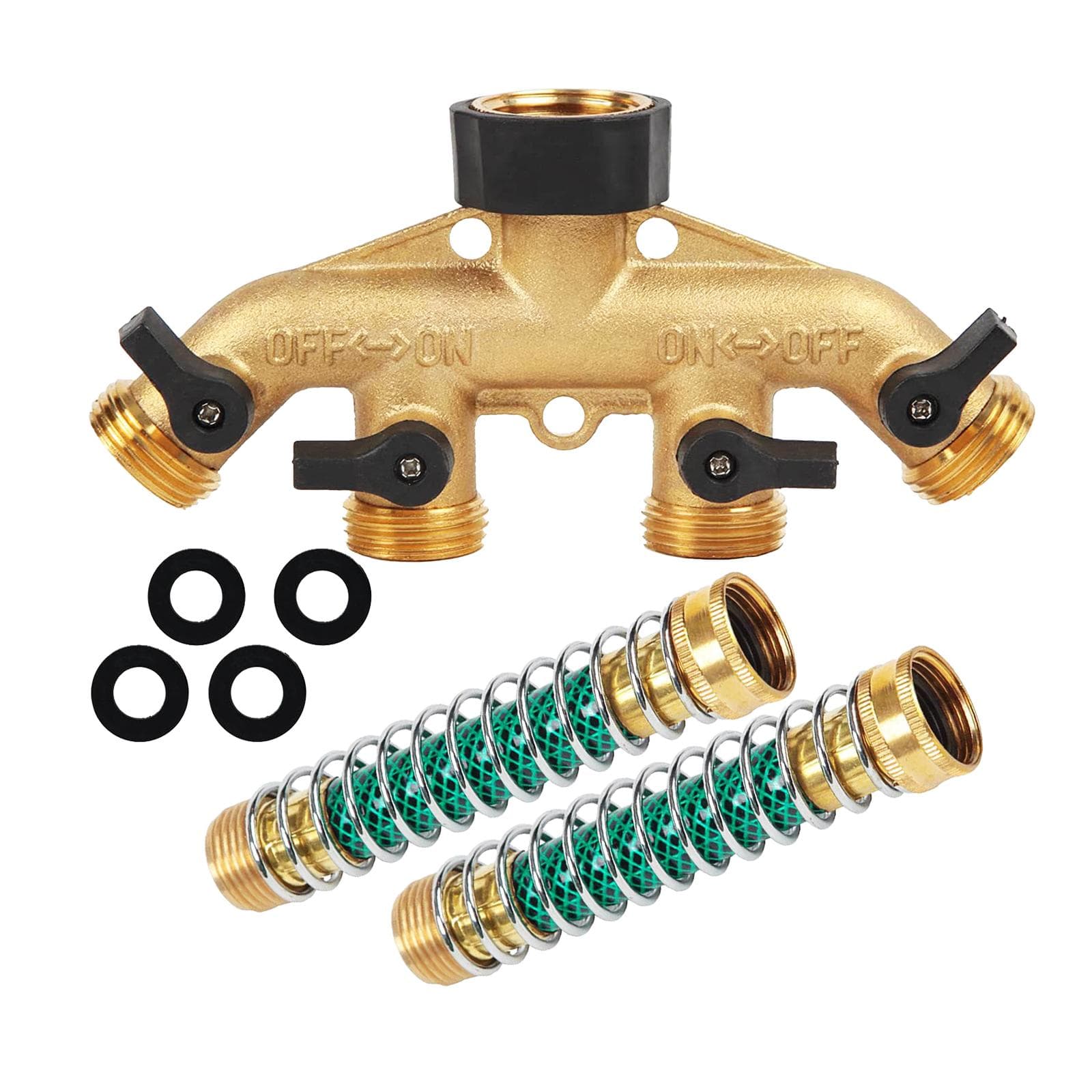 4 Way Garden Hose Splitters With 2 Extension Spring Hose 4 Washers 3/4 Faucet Diverter Tap Hose gold