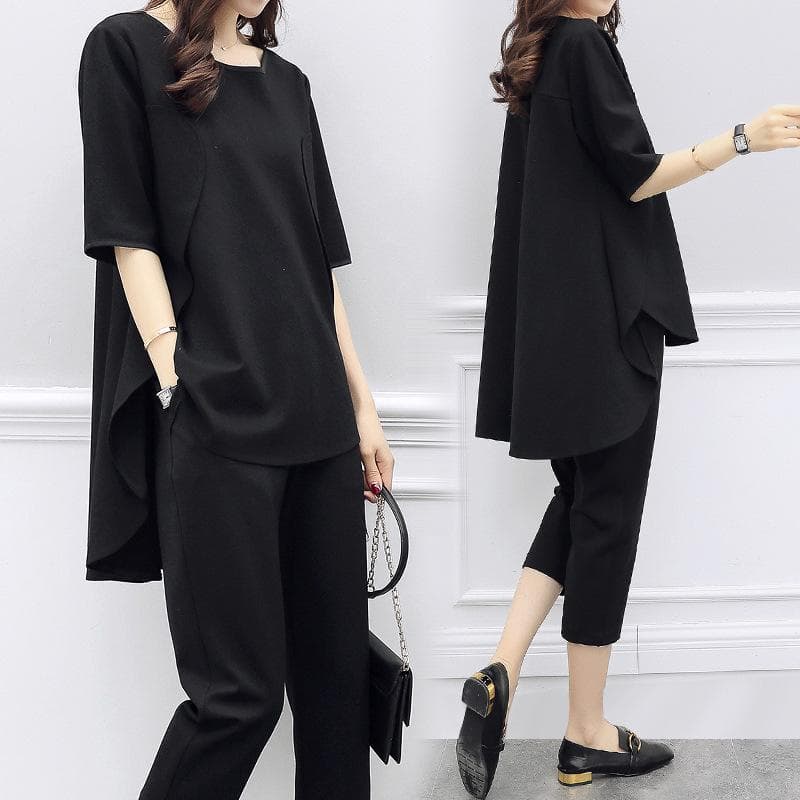 Two Pieces Women Sets Half Sleeve Asymmetrical Tops And Long Pants Cropped Trousers Casual Loose Clothes Plus Size XL black