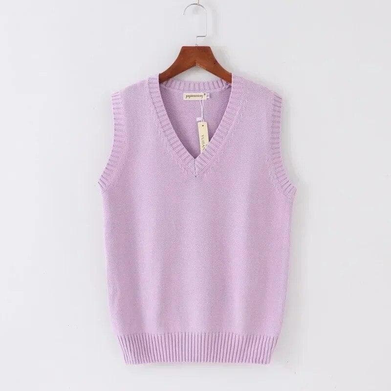 Solid Knitted Sweater Vest Women Fashion V-neck Office Lady Knitwears Autumn And Winter Sleeveless Women Vests Sweaters 29875 XL lavender purple