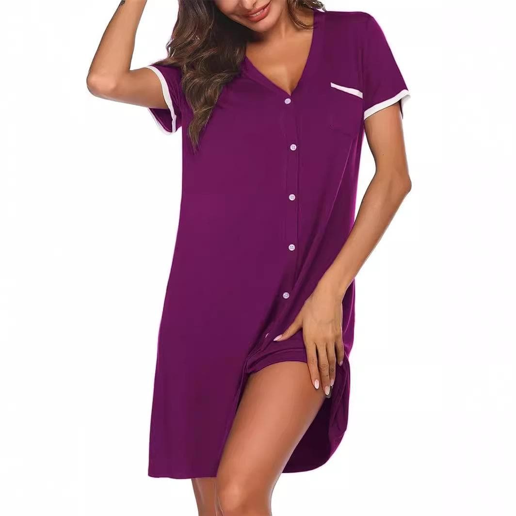Women's V-neck Short-sleeved Contrasting Color Home Wear Simple Women's Short Nightgown Summer Mid-length Dress with Pockets M