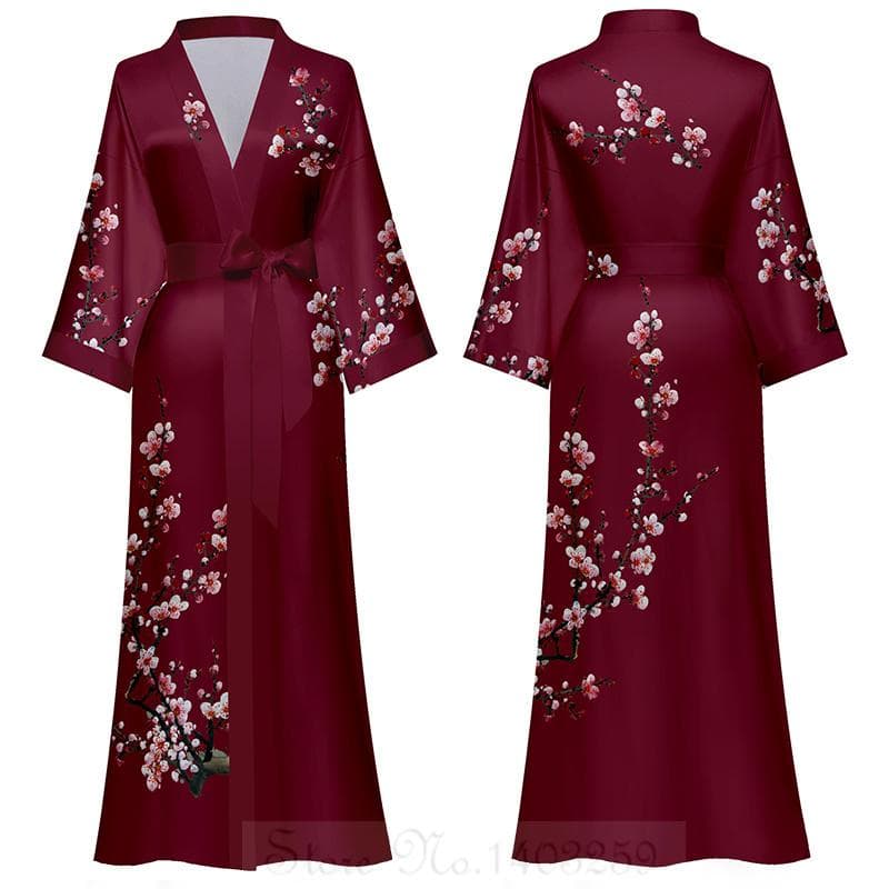 Chinese Style Print Women Long Robe Nightgown Retro Satin Sleepwear Nightdress Half Sleeve Kimono Bathrobe Gown Loose Home Wear One size