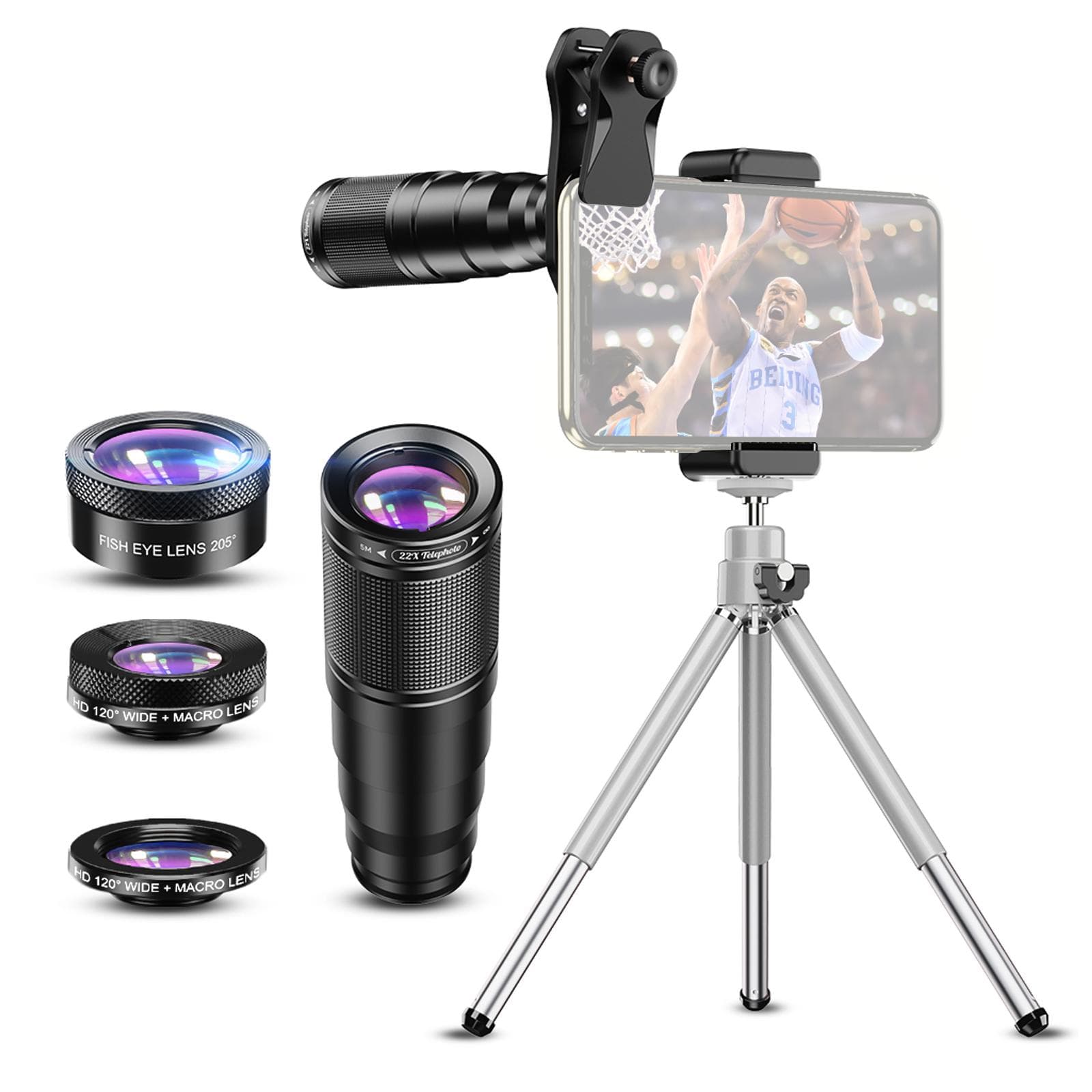 APEXEL APL-22X105-4IN1 Metal Phone Camera Lens 22X Telephoto Lens Fisheye Lens Wide Angle Lens black