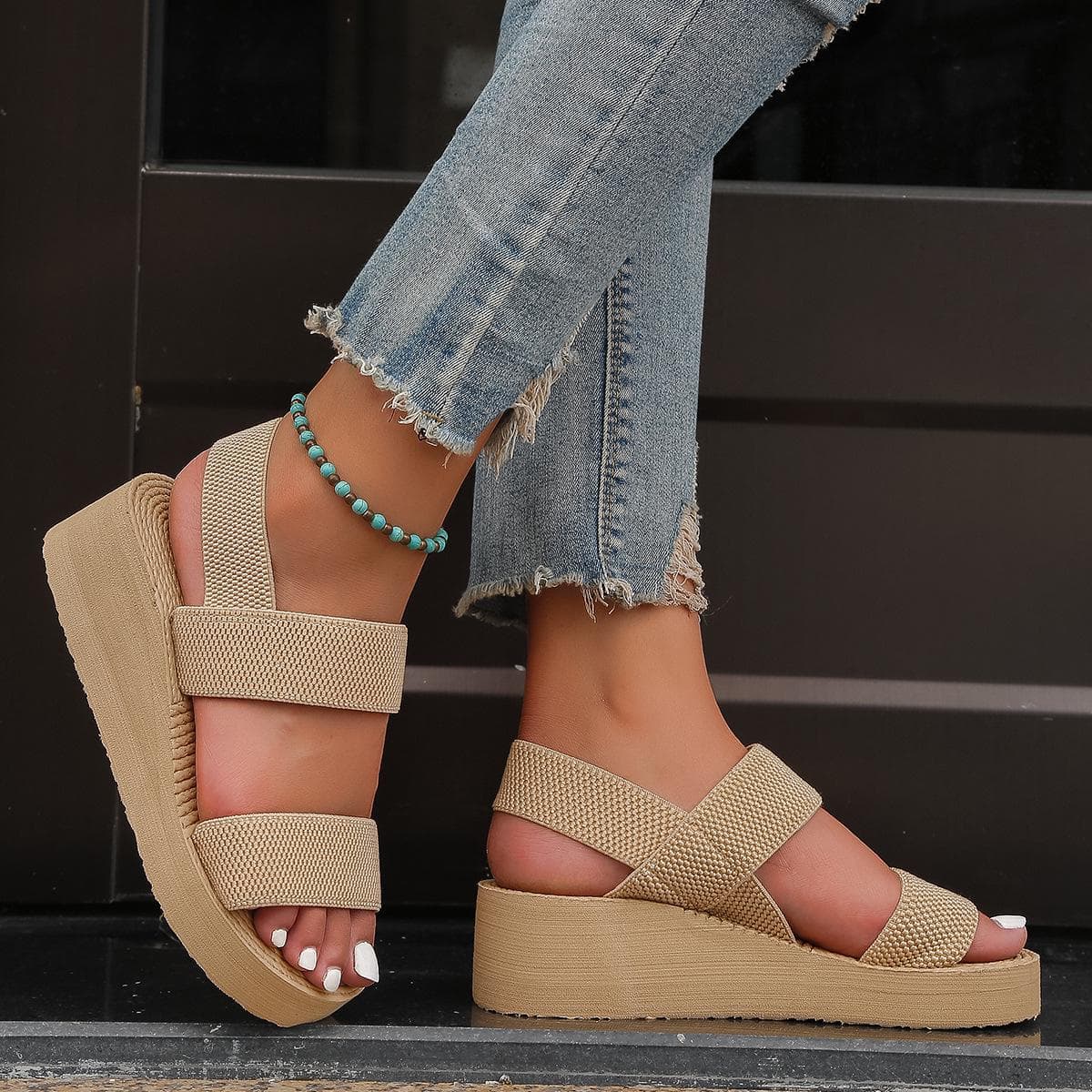 Women's Black & White Roman-Style Sandals with Thick Sole, Faux Hemp Rope Design, Perfect for Summer Style 38