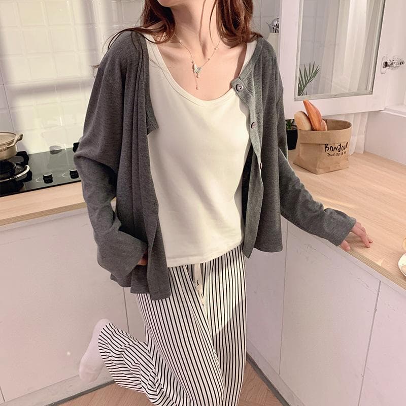 Women 3PCS Pajamas Set Female Sweet Stripe Print Robe Top Pant Home Clothing Casual Drawstring Korean Chic Elegant Sleepwear XXL
