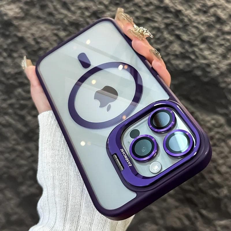 Luxury Magnetic Shockproof Phone Case For iPhone 16 15 14 13 12 11 Pro Max Plus Funda Stand Glass Lens Protection Back Cover iPhone 15 Pro Max dark purple