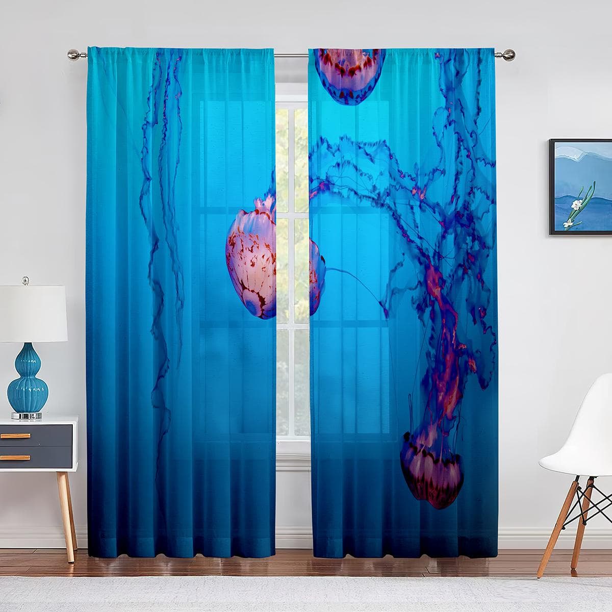 Ocean Blue Jellyfish Underwater World Sheer Voile Curtains for Kitchen Living Room Bedroom Decor Tulle Curtains Window Treatment 1 PCS W100XH250cm&Grommet Top