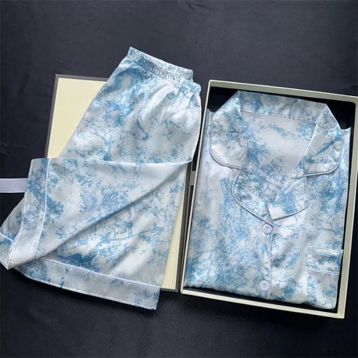 Faux Silk Pajamas Set Women Geometric Shorts&Short Sleeved Top V-Neck Sleepwear Print Faux Stain Loungewear Homewear Pyjamas XL
