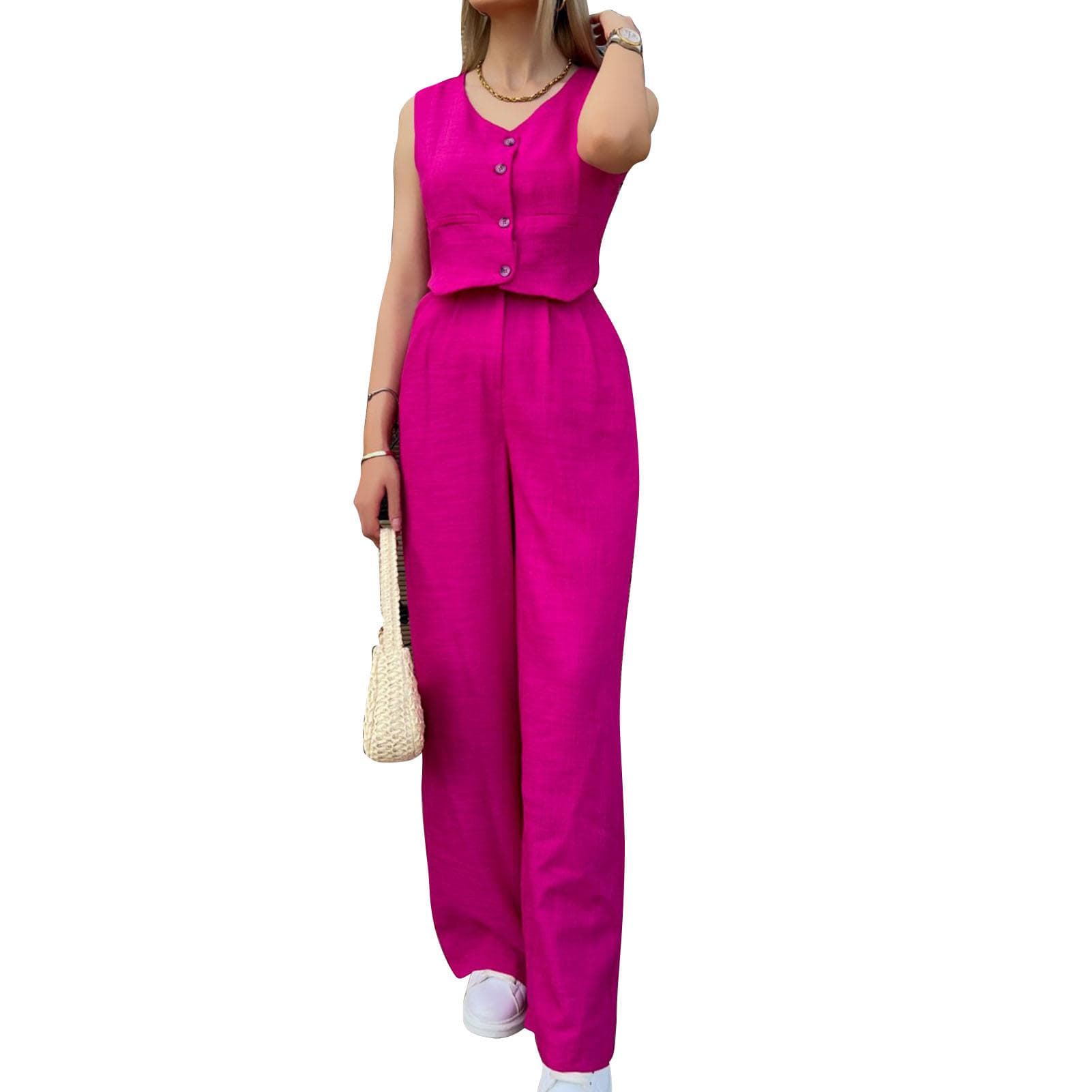 Women Tank Top Long Pants Set Sleeveless V Neck Button Up Wide Legs Two Piece Outfits Casual Set L rose red
