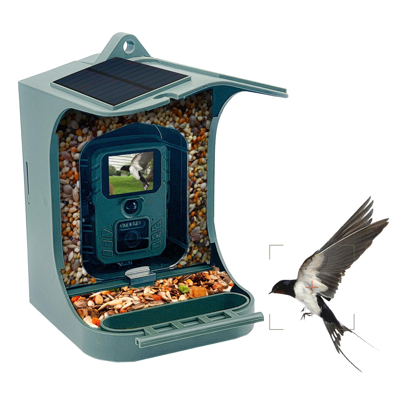Solar Powered 1080P Wireless WiFi Smart Bird Feeder Camera Waterproof Bird Watching Camera army green