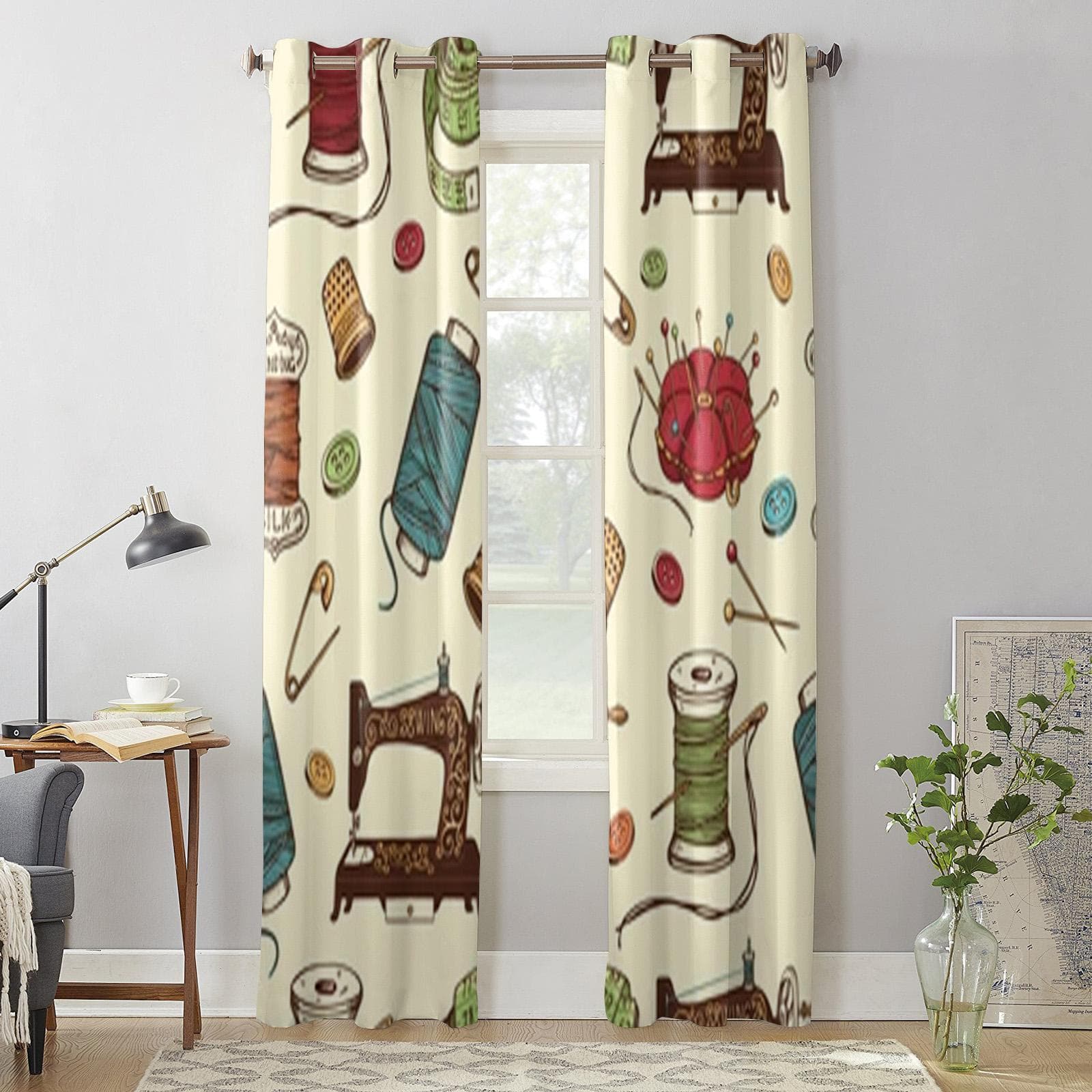 Hand Drawn Of Sewing Tools Window Curtains For Living Room Luxury Bedroom Decor Drapes Kitchen Window Treatments Curtains 135W x 60H(cm) x1