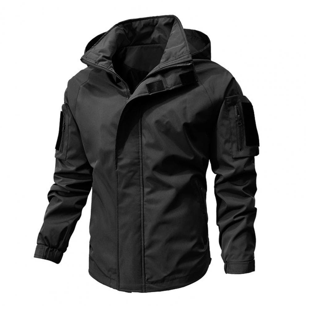Men Casual Jacket Hooded Long Sleeve Windproof Jacket Multiple Pockets Full Zipper Closure Fastener Tape Trench Coat XXL black