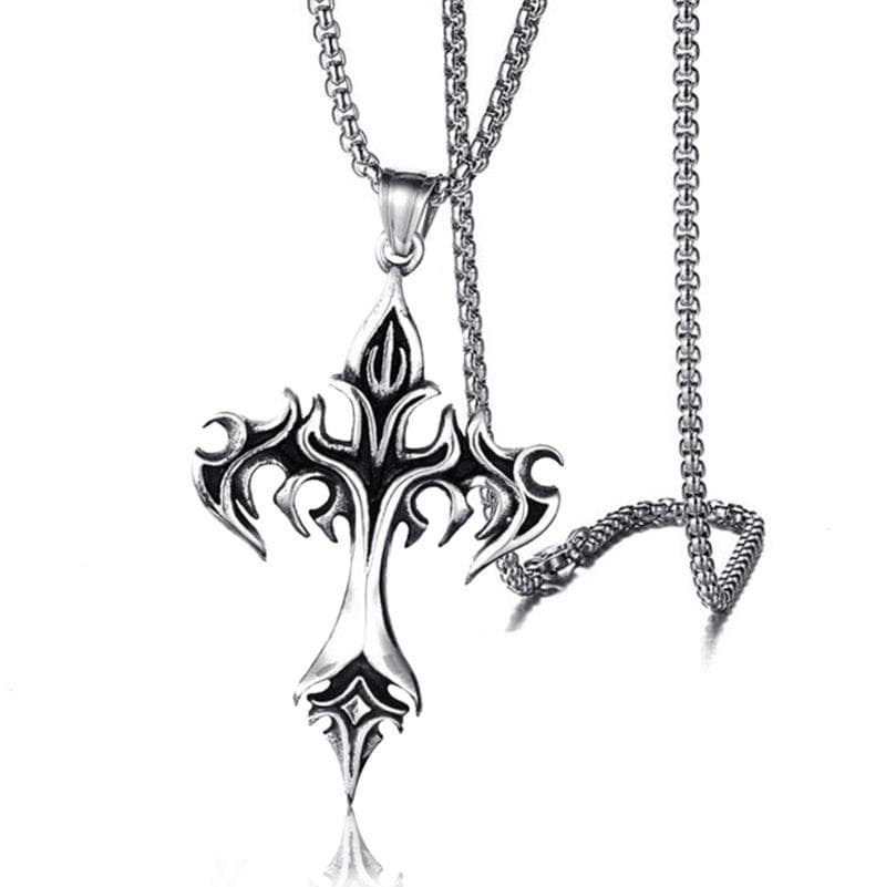 Gothic Flame Cross Pendant Necklace Men's 50cm Stainless Steel Chain Neck Punk Gift silver