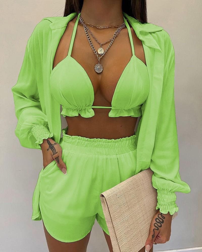 2025 Sexy Swimsuit Summer Fashion Solid Color Printing 3 Piece Suit Women M