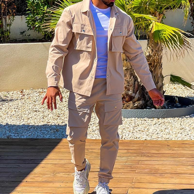 Men's Jacket Cargo Pants Set with Pocket Button Spring Fall Blue Tracksuit Solid Color Male Fashion 2 Pieces Suit S khaki