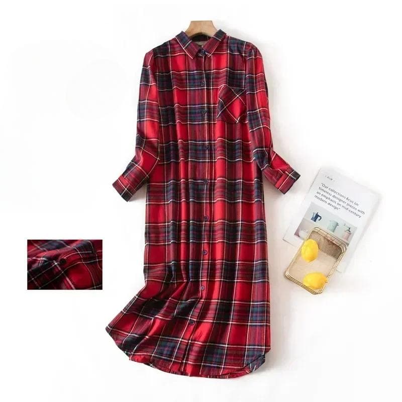 Long Sleeve Sleeping Shirt Nightwear Dress for Woman Plaid Multi Colors Plus Size Shirt Nightdress Cardigan Nighty for Ladies 2XL