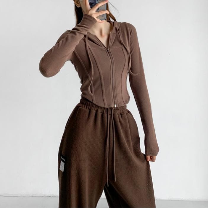 Vintage Women Zip Up Hoodies Y2k Korean Fashion Streetwear Sweatshirts Tunics Cropped Cardigan Female Basic Casual Top M brown