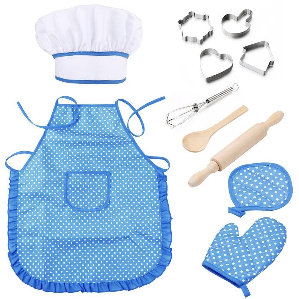 Kids Cooking Play Set Chef Dress Up Outfit Set with Apron Chef Hat and Baking Accessories Role-play Cooking Toys for Age 3-6 11Pcs/Set blue