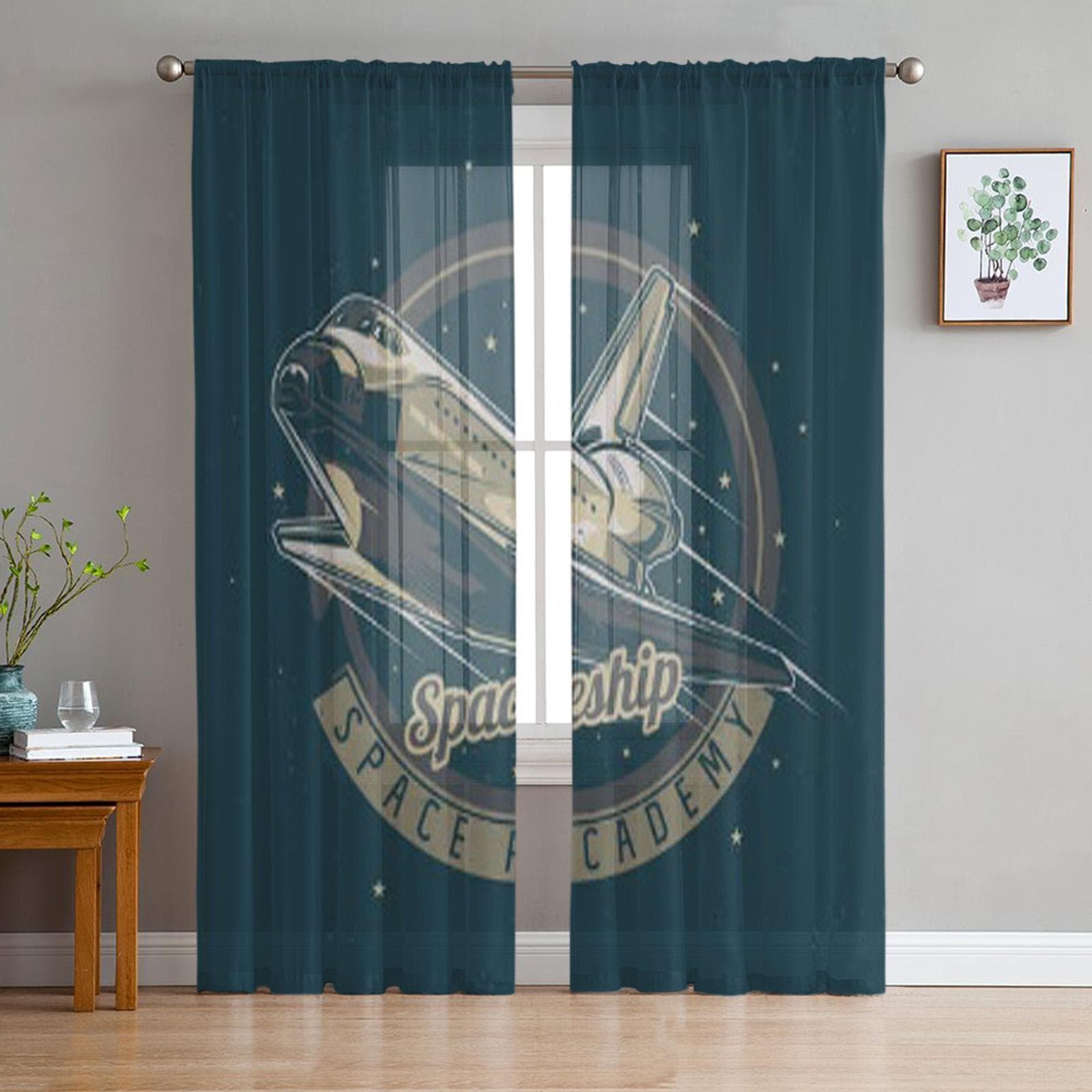 Space Theme Illustration Of Spaceship Chiffon Sheer Curtains for Living Room Bedroom Decoration Window Voiles Tulle Curtain 135W x 114H(cm)