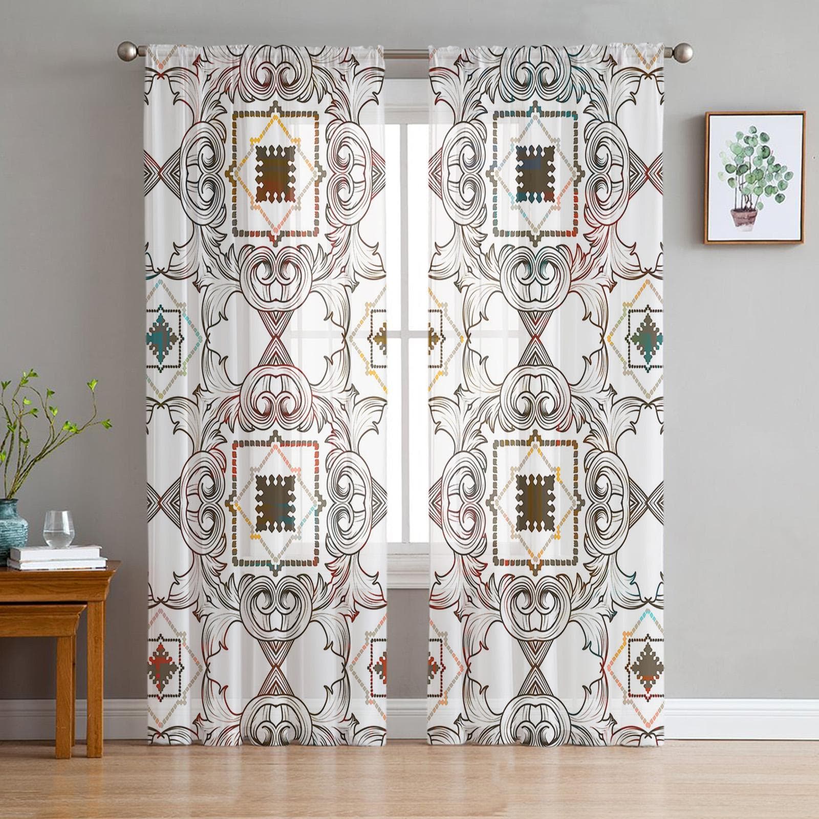 Vintage Square Gradient Grid Lines Voile Sheer Curtains Living Room Window Tulle Curtain Kitchen Bedroom Drapes Home Decor 135W x 114H(cm)