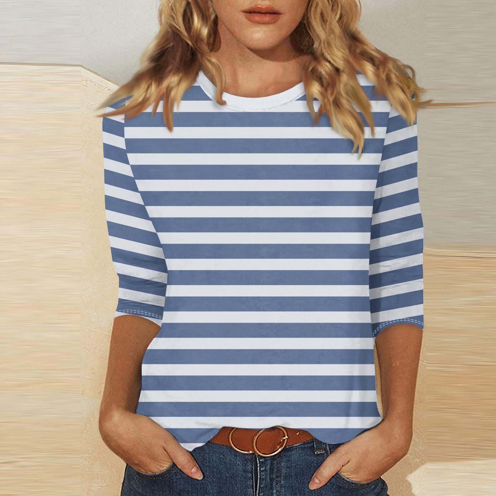 Women's Casual 3/4 Sleeve T-Shirts C Rew Neck Tops S sky blue