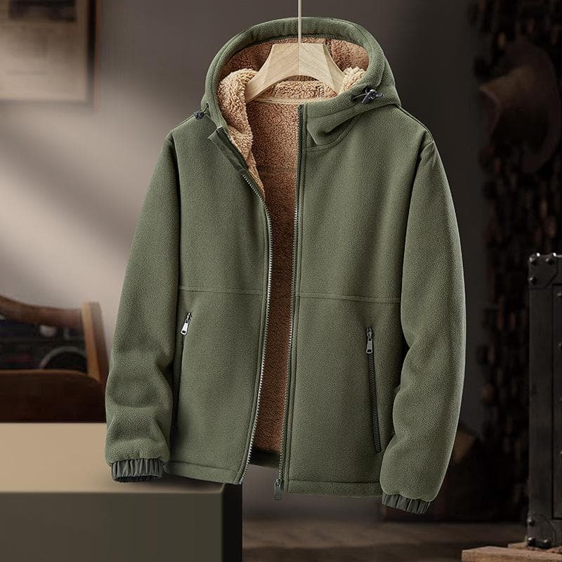 Men's Heavyweight Fleece Hooded Jacket - Thick, Warm, Casual Lamb Fleece Cardigan for Autumn and Winter. 3XL army green