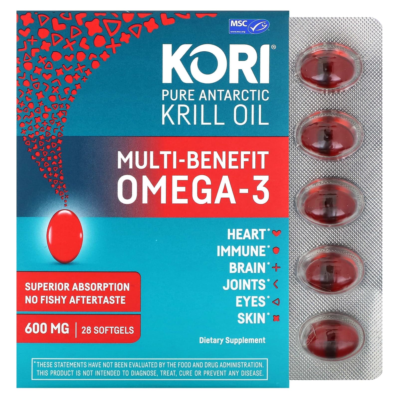 Kori, pure Antarctic krill oil, multi-potent omega-3, 600mg, 28 softgels