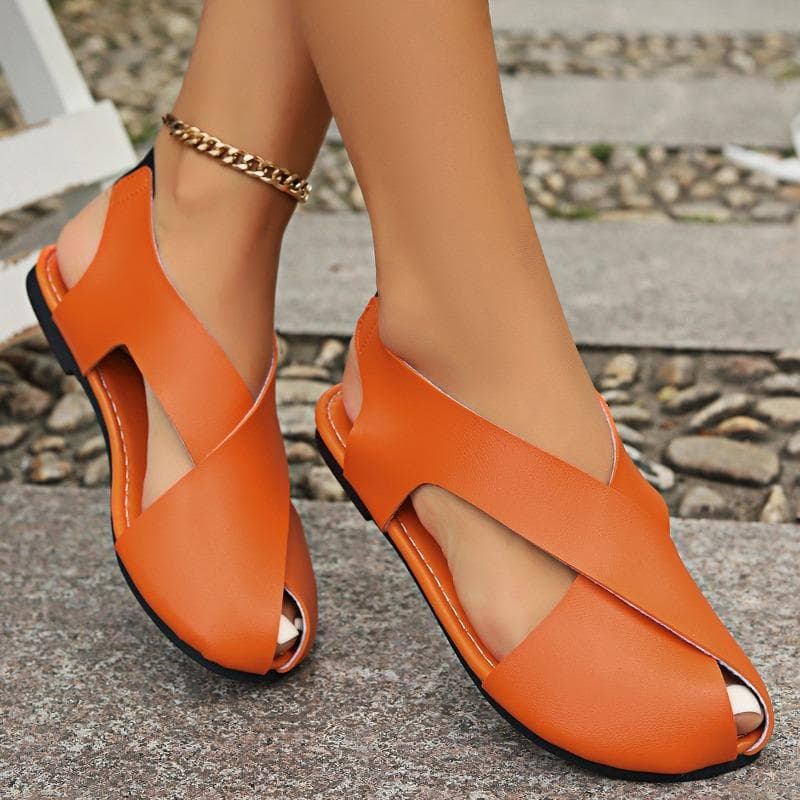 Sandals Women's Bag Side-open Flat Shoes Cross Soft Leather Elastic Band Flip-flops 39 orange