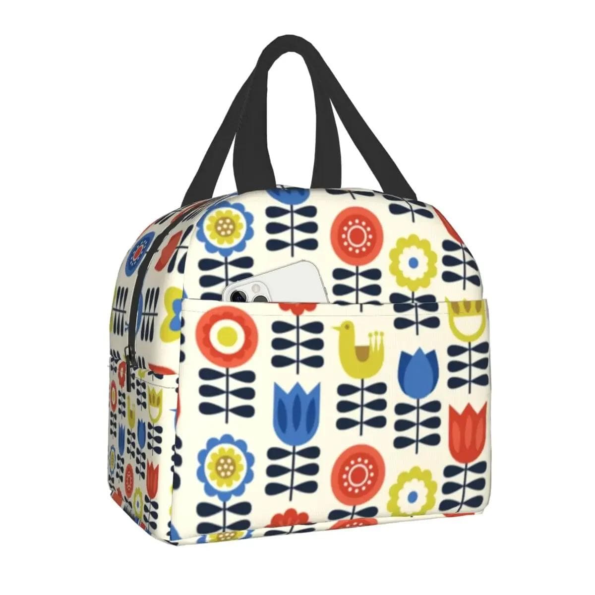 Orla Kiely Multi Stem Thermal Insulated Lunch Bag Scandinavian Flower Portable Lunch Tote for Outdoor Picnic Storage Food Box 22x20x13CM orange