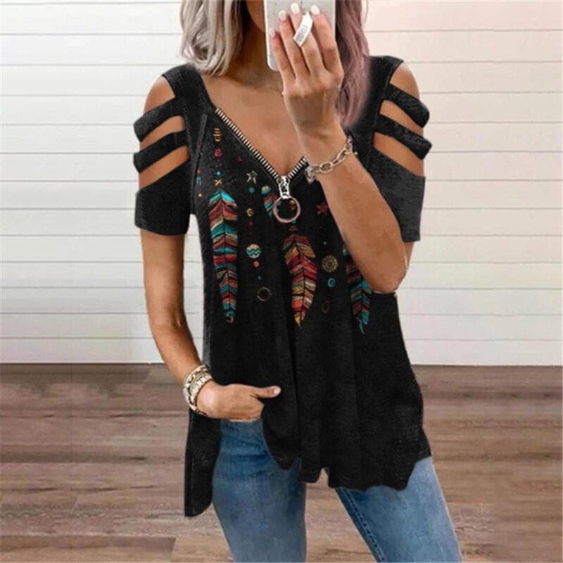 Women's V Neck Zipper Printed Short Sleeve Loose T-shirt Women's Top XL