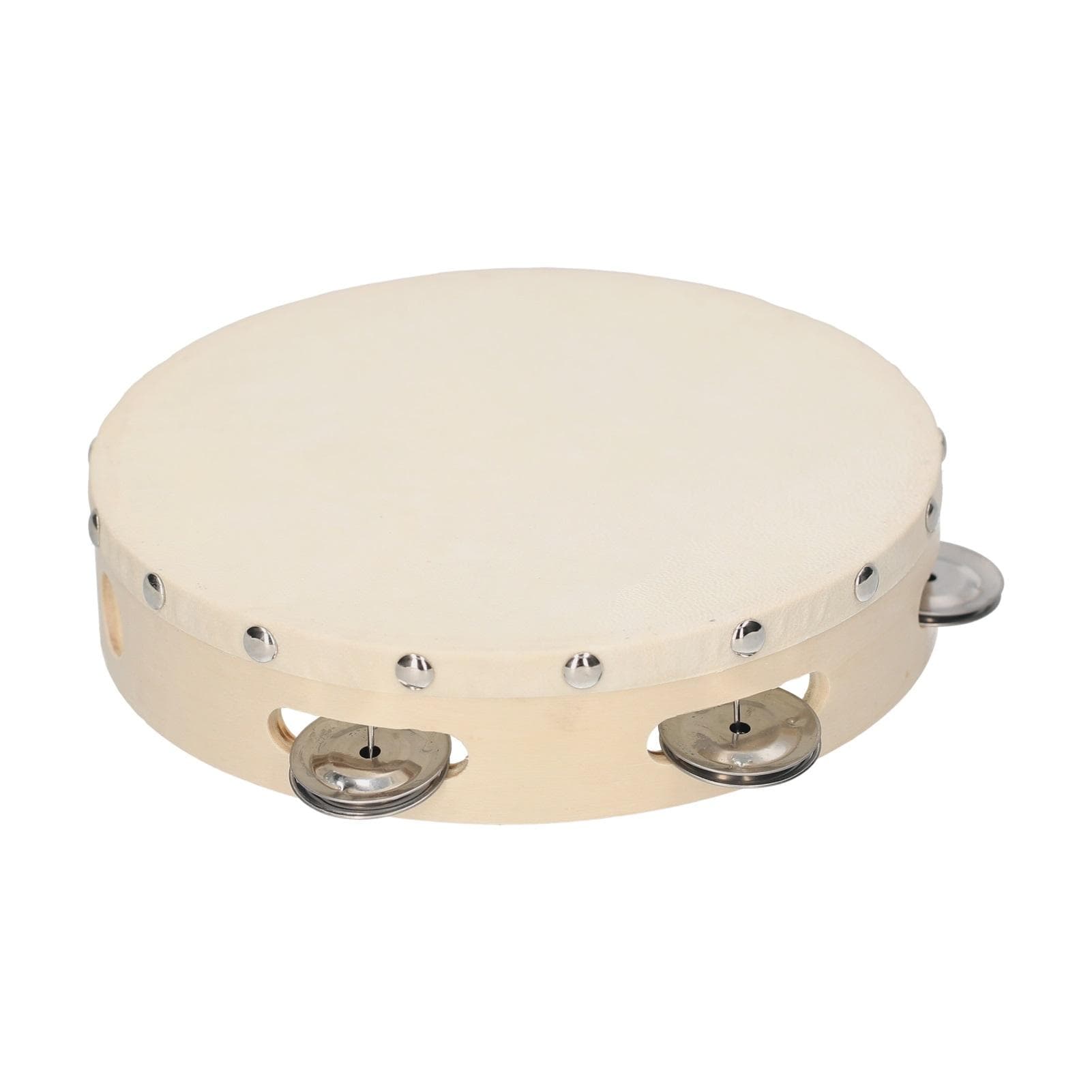 Hand Tambourine with Metal Single Row Jingles Sheepskin Drum Skin Wooden Tambourines 8 inch beige