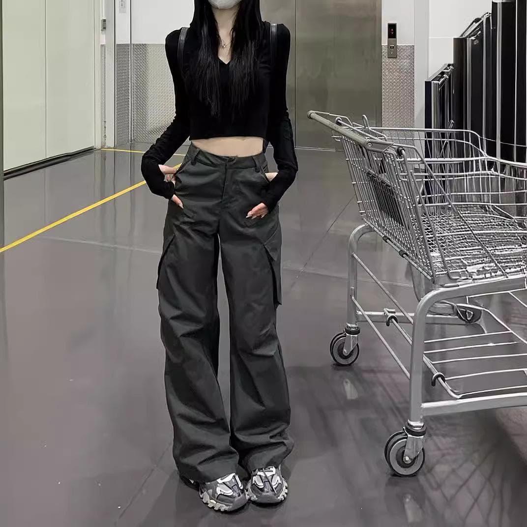 American Retro Gray Overalls New Street Loose Straight Wide-leg Trousers 2XL dark gray
