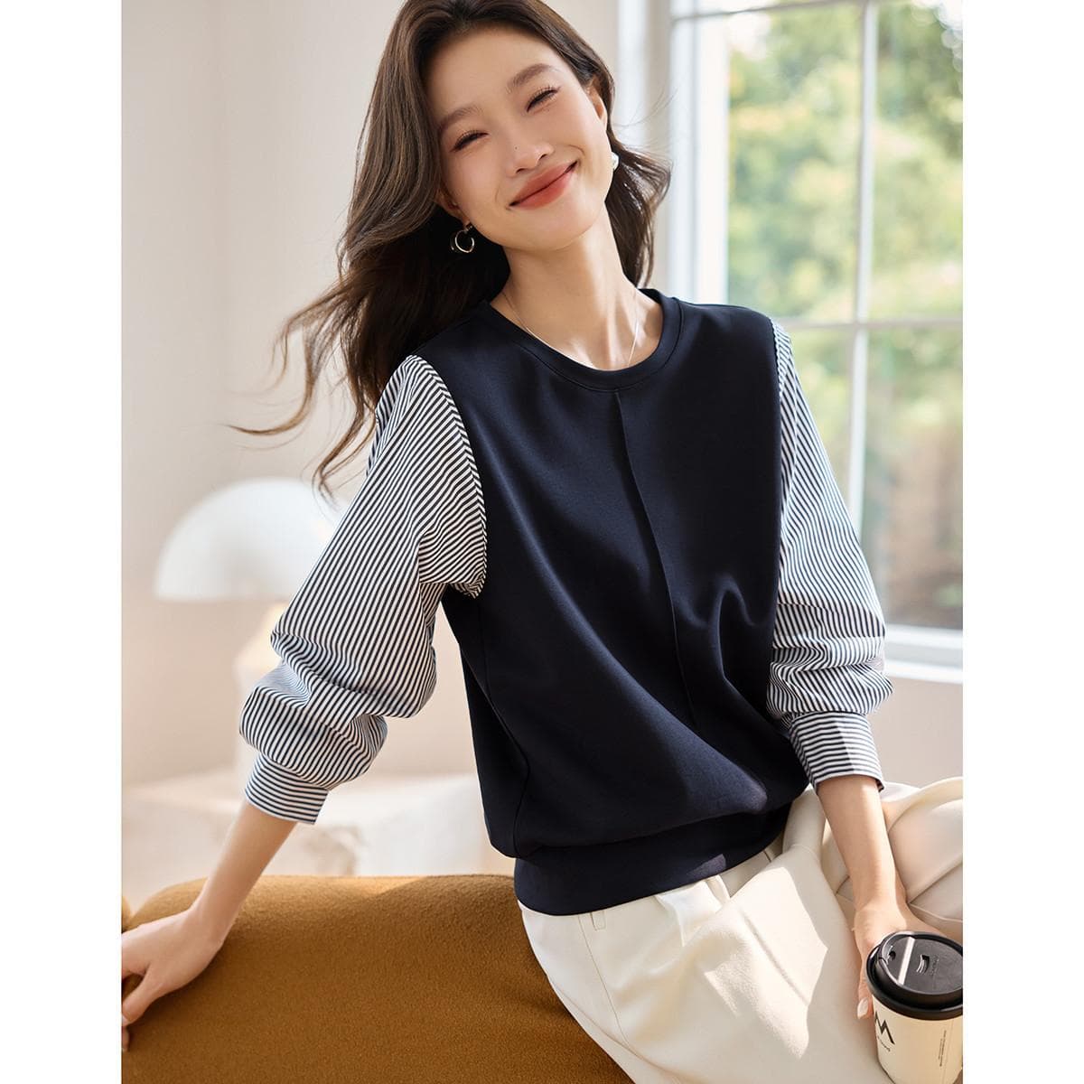 French Striped Shirt Fake Two-piece Sweatshirt Autumn New Style Design Versatile Sweatshirt 2XL