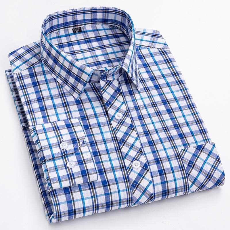 Pure Cotton Mens Plaid Shirts Long Sleeve Busienss Casual Classical Checked Design Fashion 42