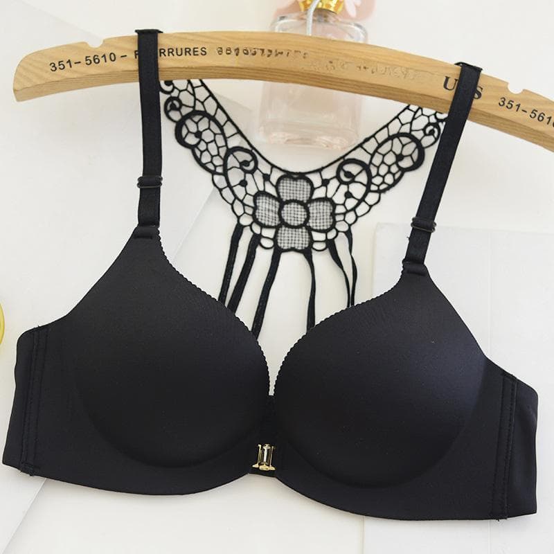 Women's Bra Front Buckle Underwear Lace Sexy Leopard Print No Underwire Beauty Back Bra 40/90C black