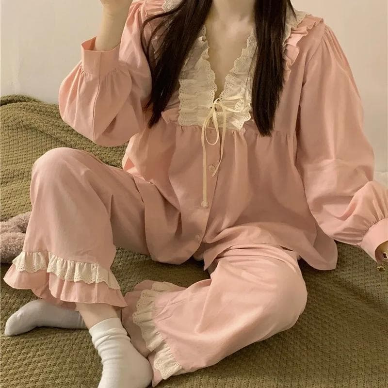 Pajamas for Women In Spring and Autumn, New Korean Version Sweet V-neck Lace Full Cotton Long Sleeved Home Clothes Two-piece Set L pink