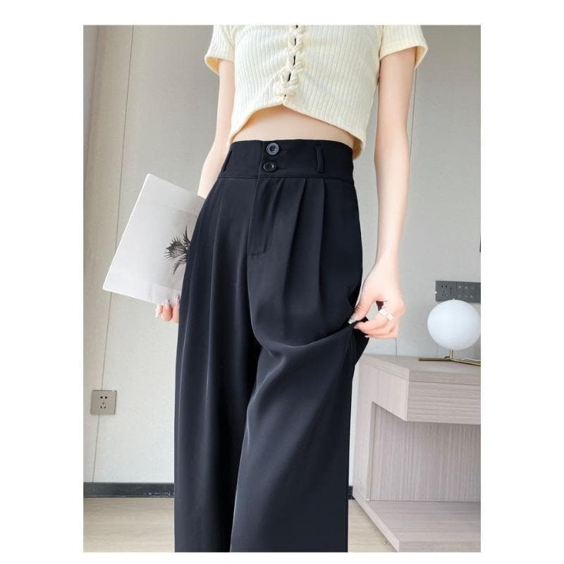 Wide-leg Pants for Women In Summer, Thin High Waist, Slim and Drooping Pear-shaped Body, Small Straight Double Button Casual Suit Pants 2XL black