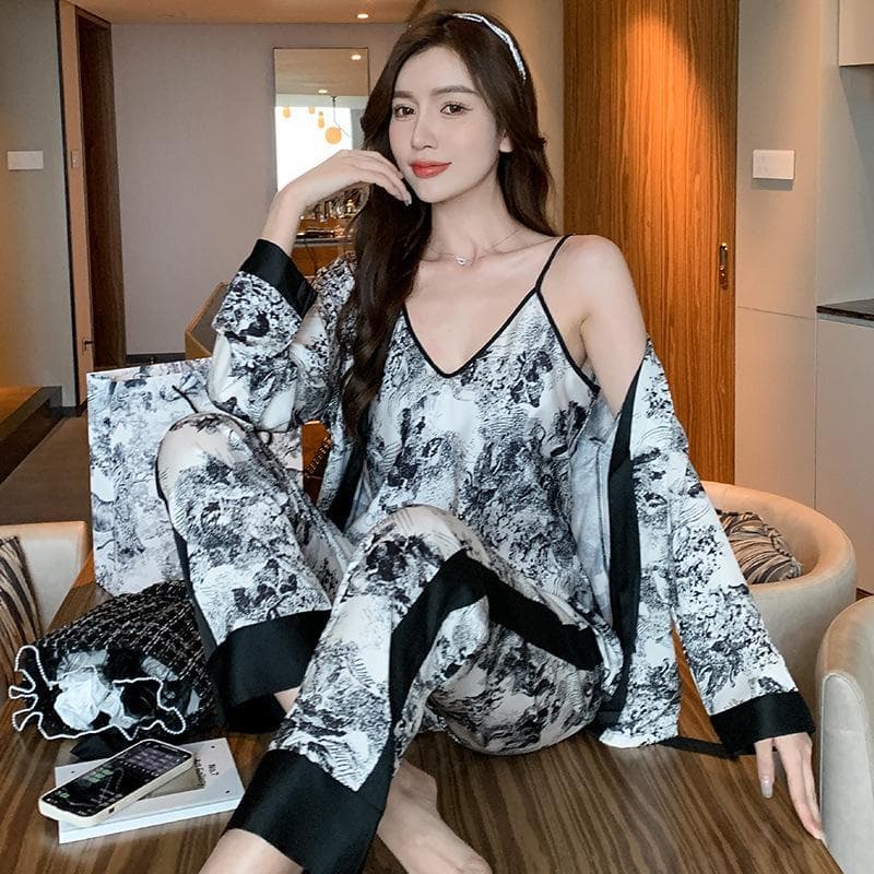 Three-piece Set of Pajamas, Spring and Summer Ice Silk Ink Painting Pajamas, Suspenders, Trousers, Comfortable Printed Home Clothes M black
