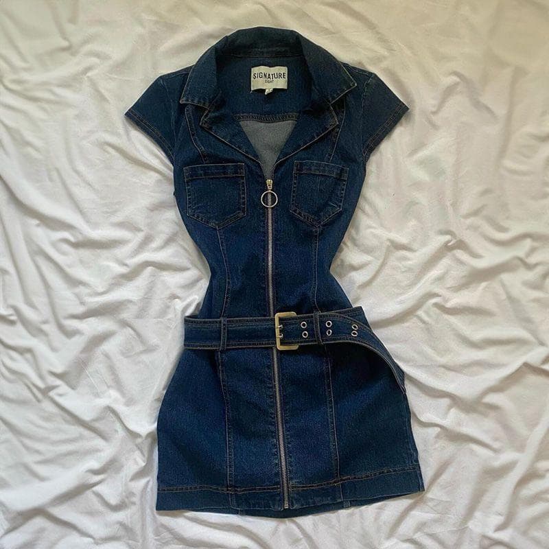 American Retro Black Denim Short Dress Women Summer Zipper Elegant Slim One Piece Dress Korean Fashion Design Casual Clothing M blue