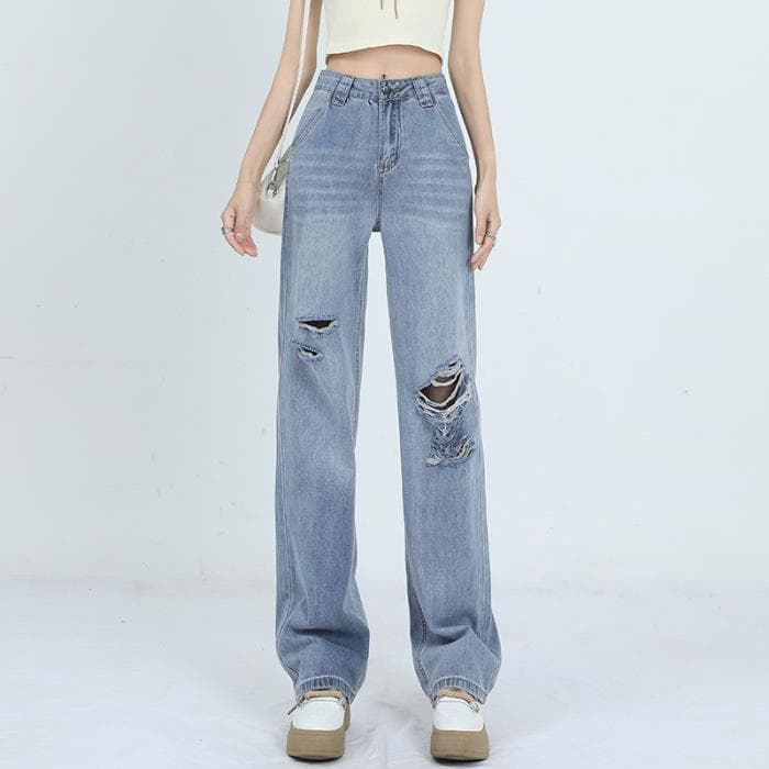 Straight Jeans for Women In Early Autumn New High-waisted Slimming Brushed Ripped Pants Narrow Wide-leg Pants 2XL