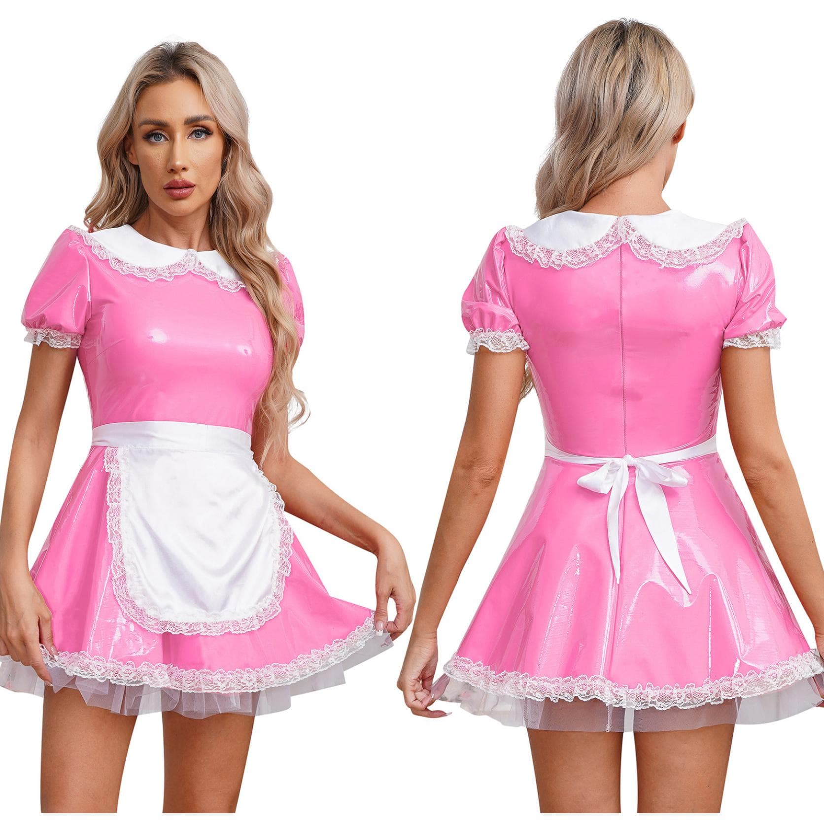 Women Servants Cosplay French Maid Costume Latex A-Line Mini Dress Carnival Theme Party Dress-up Costume with Apron 4XL pink
